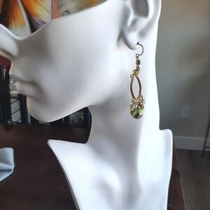 Elegant Cloisonne Style Beaded Drop Earrings Green and gold
